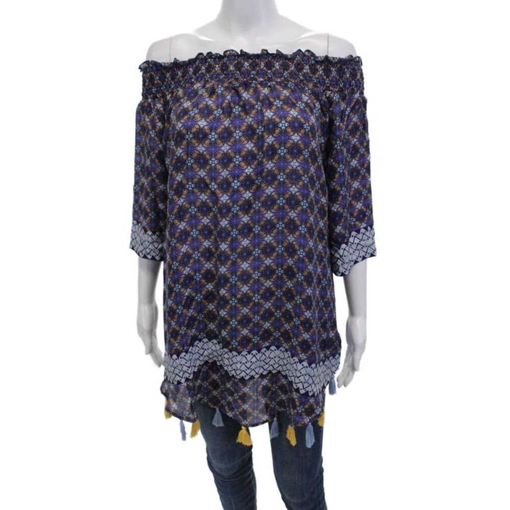 Bindya Womens Silk Ruched Short Sleeve Tunic Blouse Top Blue Size S